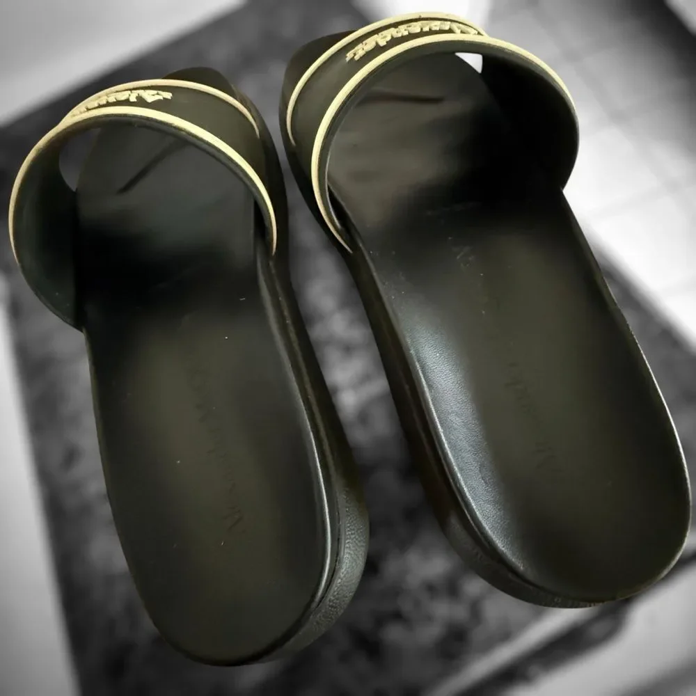 Alexander McQueen Black and Gold Slide Sandals